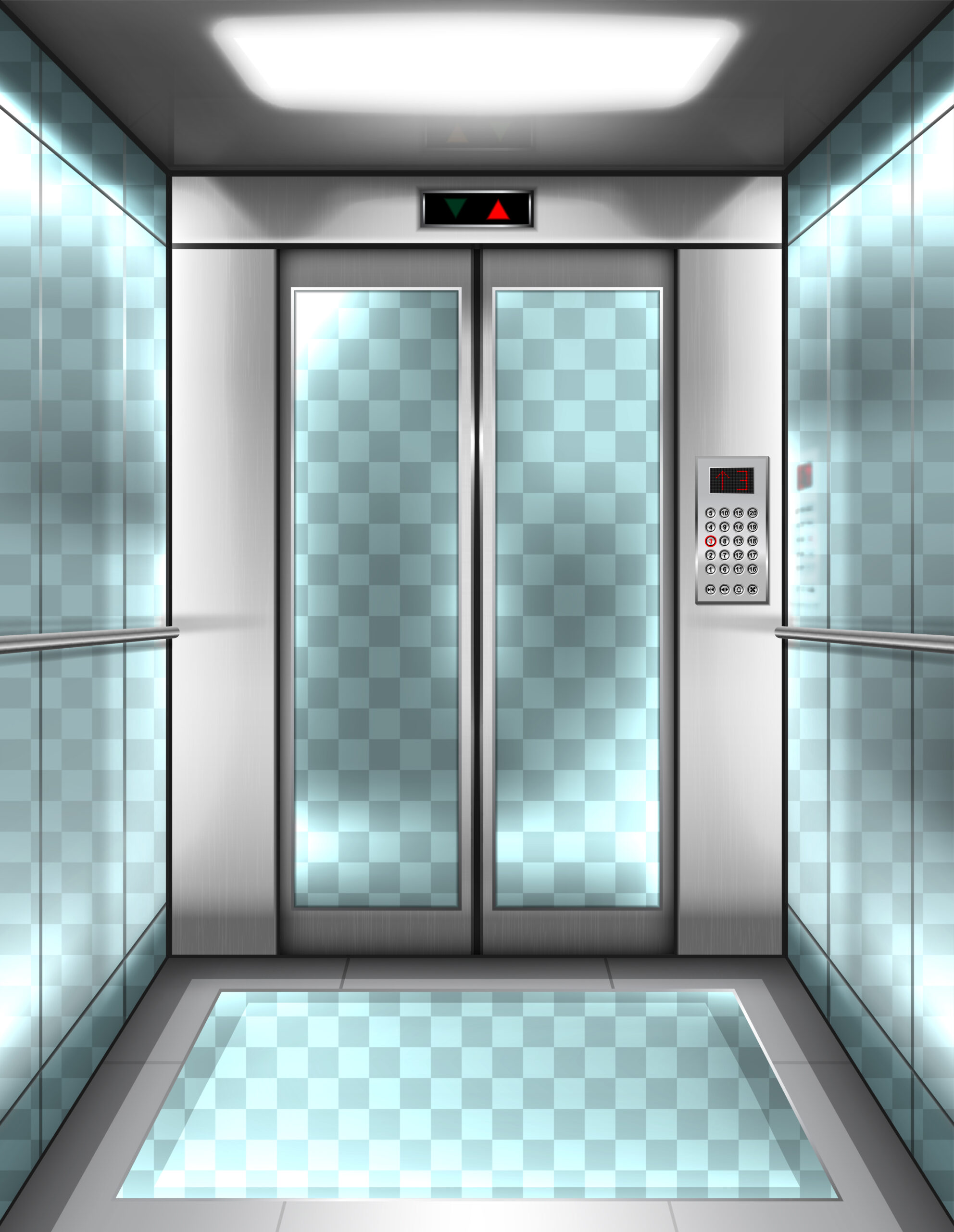 Empty glass elevator cabin with transparent walls, floor and closed doors. Vector realistic interior of passenger lift with buttons panel and digital display with arrows up and down in office building