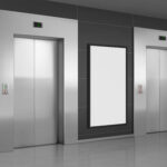 Realistic elevators with close doors and ad poster screen on wall, perspective view mockup. Office or modern hotel hallway, empty lobby interior with lifts and blank display, 3d vector illustration